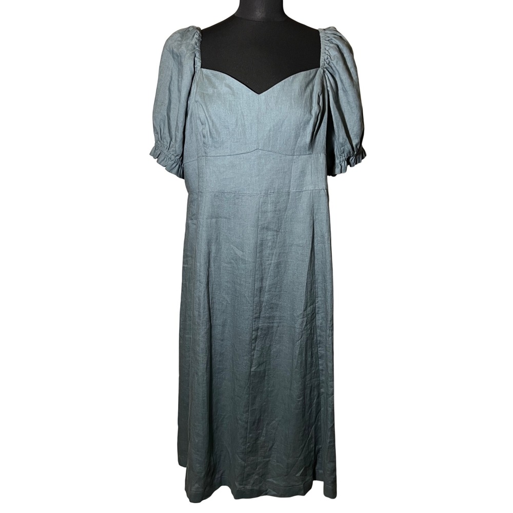 Boden Linen Sweetheart Midi Dress in Deep Sea Green/Blue, NWT, Women's US 14R - Picture 3 of 13
